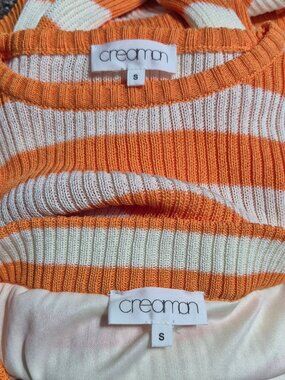 Women's Sweater and Skirt SET, Creamon. Small. orange/cream stripe.